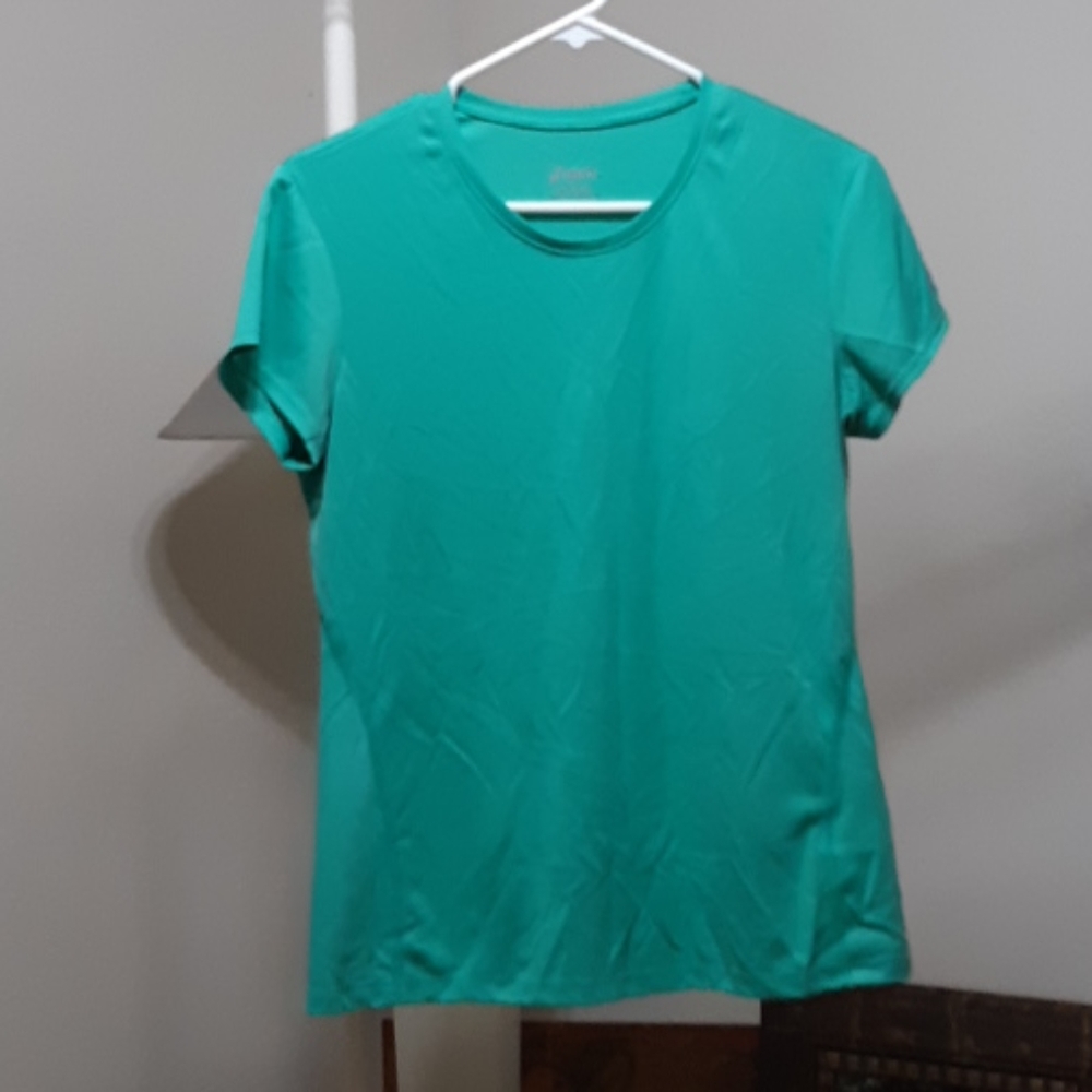 Womens T Shirt Sz Large Asics Green Athletic Sports top Sportswear